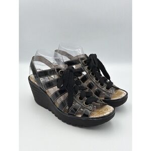 Fly London Black Patent Chunky Wedge Lace Up Sandals EU 39